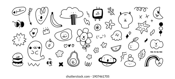 Cute doodle vector set. kids icon design with monster, dog, ufo, star, food and plant. Vector illustration.