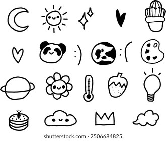 Cute doodle vector set. kids icon design with monster, dog, ufo, star, food and plant. Vector illustration.