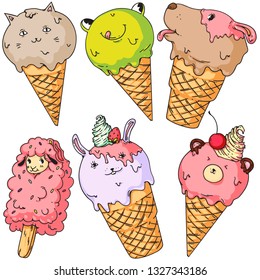Cute doodle vector set in a theme of animals ice cream. Funny illustrations of sheep, bear, bunny, cat, dog and a frog.