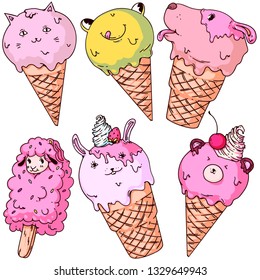 Cute doodle vector set in a theme of animals ice cream. Funny illustrations of sheep, bear, bunny, cat, dog and a frog.