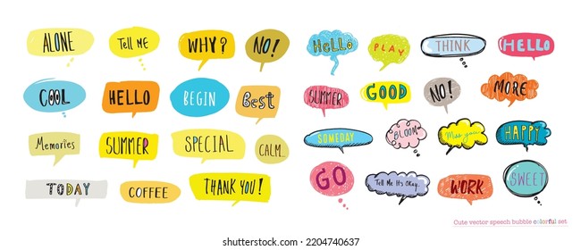 Cute doodle vector speech bubble colorful set,Hand drawn set of speech bubbles with handwritten