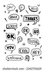 Cute doodle vector speech bubble black on white set, Hand drawn set of speech bubbles with handwritten