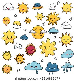 Cute doodle vector of suns, stars and clouds