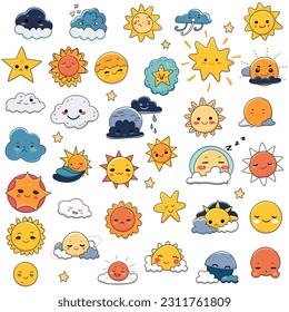 Cute doodle vector of suns, stars and clouds