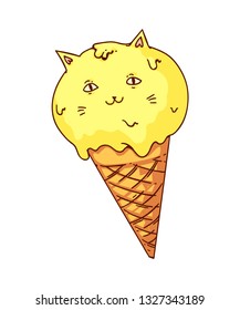 Cute doodle vector in a theme of cat shaped ice cream. Funny illustrations for kids