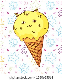 Cute doodle vector in a theme of cat shaped ice cream. Funny illustrations for kids