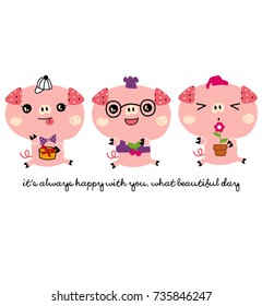 cute doodle vector three little pig pink