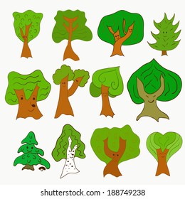 Cute doodle vector tree set isolated on wight