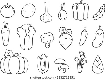 Cute doodle vegetable cartoon icons and objects. Vegetable line icon set. Black and white vector illustration.