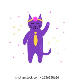 Cute doodle violet doctor cat character with necktie isolated on white background.