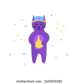 Cute doodle violet doctor cat character with enema isolated on white background.