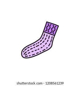 Cute doodle violet knitted sock isolated on white background.