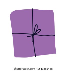 Cute doodle violet present box isolated on white background. Vector illustration for wrapping paper, card, postcard, poster, text space. Minimalist holiday background, invitation, cover.