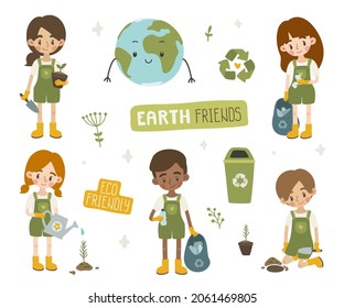 Cute doodle volunteer kids save ecology sticker bundle. Happy eco friendly children care about environment set.