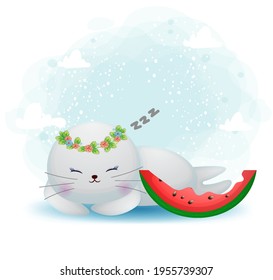 Cute doodle walrus girl and happy sleep cartoon character Premium Vector