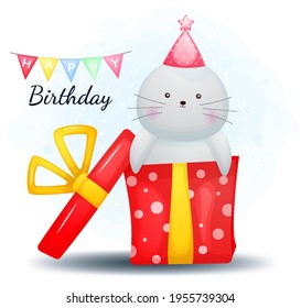 Cute doodle walrus and happy birthday gift cartoon character Premium Vector