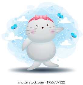Cute doodle walrus playing with butterfly cartoon character Premium Vector