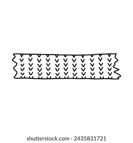 Cute doodle washi tape stripe with tick, knitting pattern. Adhesive tape with black and white ornament. Aesthetic decorative scotch tape with ragged edges for scrapbook, planner, notebook, craft