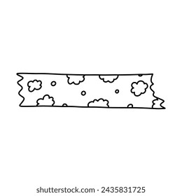 Cute doodle washi tape stripe with clouds and dots pattern. Adhesive tape with black and white ornament. Aesthetic decorative scotch tape with ragged edges for scrapbook, planner, notebook, craft