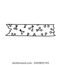 Cute doodle washi tape stripe with cherry pattern. Adhesive tape with black and white ornament. Aesthetic decorative scotch tape with ragged edges for scrapbook, planner, notebook, craft