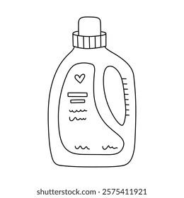 Cute doodle washing gel for laundry clothes. Hand drawn fabric softener, laundry gel, detergent liquid for textile. Funny outline cleansing product to pure wardrobe isolated on white background.