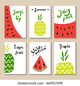 Cute doodle with watermelon and pineapple. Suitable for birthday, party, invitations, brochures. Vector illustration food drawn by hand in cartoon style. Printable templates set.