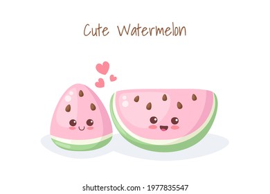 Cute doodle watermelon slices characters. Kawaii food vector illustration isolated on white background. Kids menu design, smoothie, juice package, post card. Funny happy cartoon summer fruits.