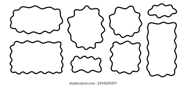 Cute doodle wavy shapes. Abstract psychedelic forms. Speech bubbles, message balloons, tag clouds, text boxes or labels templates isolated on white background. Vector graphic illustration.