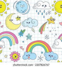 Cute doodle weather seamless pattern. Kawaii emotional weather ornamen. Cute sun, moon and happy clouds. Vector background