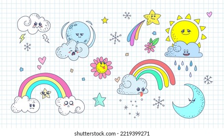 Cute doodle weather set. Kawaii emotional weather forecast. Cute sun, moon and happy clouds. Vector background