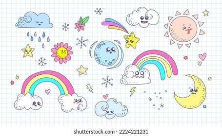 Cute doodle weather set. Kawaii emotional weather forecast. Cute sun, moon and happy clouds. Vector background