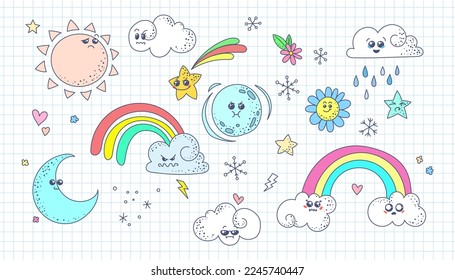 Cute doodle weather set. Kawaii emotional weather forecast. Cute sun, moon and happy clouds. Vector background