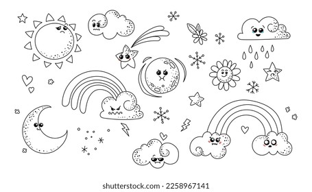 Cute doodle weather set. Kawaii emotional weather forecast. Cute sun, moon and happy clouds. Vector background