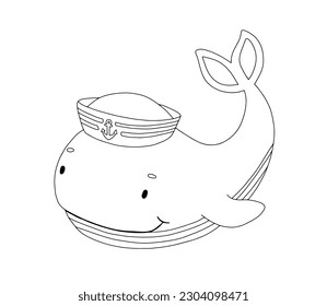 Cute doodle whale character isolated on white. Vector outline nautical illustration for coloring page