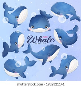 Cute doodle whale poses with watercolor illustration set