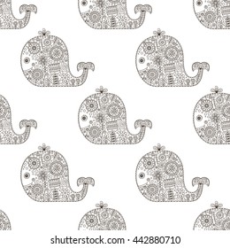 Cute doodle whale. Vector seamless pattern with hand drawn whale with floral ornament and bubbles. Childish background with animal silhouette with flowers and dots. On white backdrop.