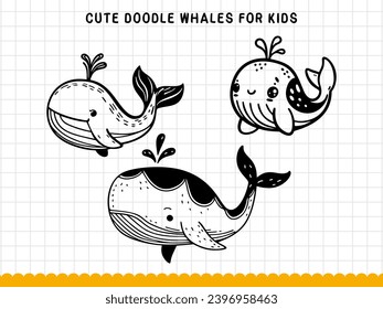 Cute doodle whales for kids. Vector illustartion.