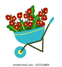 Cute doodle wheelbarrow with flowers isolated on white