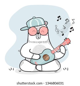 cute doodle white bear wears cap plays guitar