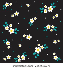 Cute Doodle White Daisy Chamomile Flower Element with Leaves Floral Ditsy Leaf Polkadot Dot Confetti. Abstract Organic Shape Hand Drawn Hand Drawing Cartoon. Color Seamless Pattern Black Background.