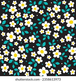 Cute Doodle White Daisy Chamomile Flower Element with Leaves Floral Ditsy Leaf Polkadot Dot Confetti. Abstract Organic Shape Hand Drawn Hand Drawing Cartoon. Color Seamless Pattern Black Background.