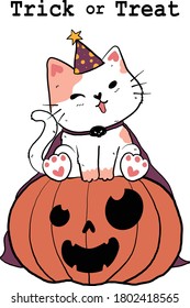cute doodle white fat cat in purple witch hat and cape sit on an orange Autumn pumpkin leaf fall, trick or treat, idea for sublimation, greeting card printable, t-shirt, svg cut file