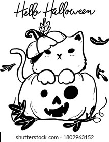 cute doodle white fat cat in orange Autumn pumpkin leaf fall, Hello Halloween, idea for sublimation, greeting card printable, t shirt, svg cut file, POD