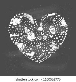 Cute doodle white winter icons composed in heart shape.
