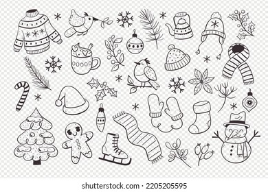 Cute doodle winter objects isolated. Collection of seasonal things like clothing, christmas decoration and winter elements, perfect for creating winter decorative designs.