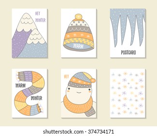 Cute doodle winter theme cards, brochures, invitations with mountains, hat, icicles, scarf, snowman, snowflakes. Cartoon characters, objects background. Printable templates set