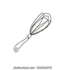 Cute doodle wire whisk. Outline vector stock illustration isolated on white background. Hand draw style for kitchen utensils, home elements item for design.