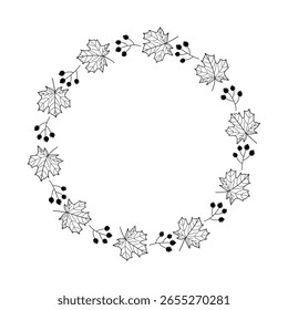 Cute Doodle Wreath Frame with Maple Leaves and Berries in Circular Shape