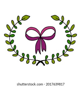 Feiner Doppel-Kranz von handgezogenen Zweigen und Blättern. Bow einzeln auf weißem Hintergrund. Rundrahmen mit Blumen. Laurel.