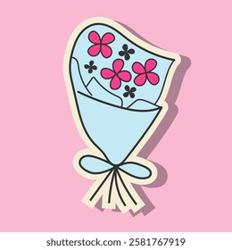 Cute Doodle Y2K Sticker Bouquet Isolated On Pink Background. Vector Illustration Flowers Element Hand Drawn. Sticker Suitable For Valentine's Day, Birthday, Wedding.